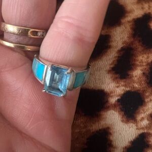 Southwestern Sterling Silver Genuine Blue Topaz/Turquoise Size 6.5 Ring, good